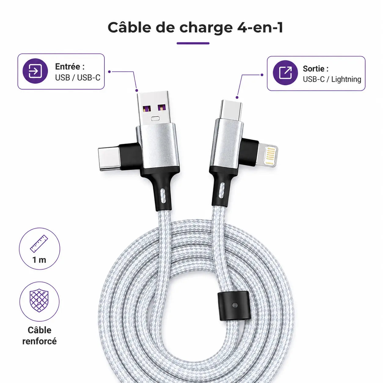 Câble de charge 4-en-1 USB/USB-C vers USB-C/Lightning