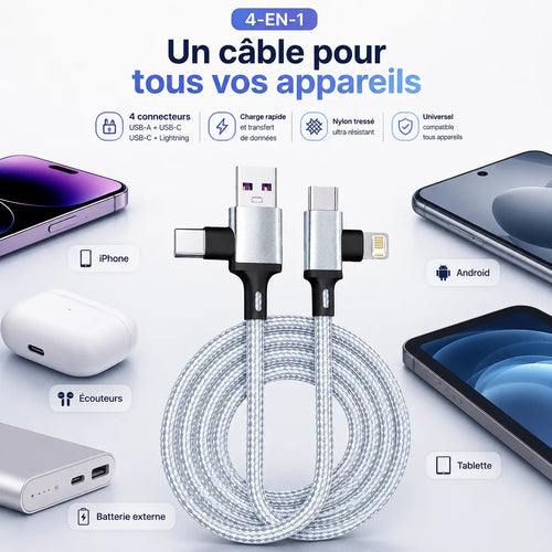 Câble de charge 4-en-1 USB/USB-C vers USB-C/Lightning