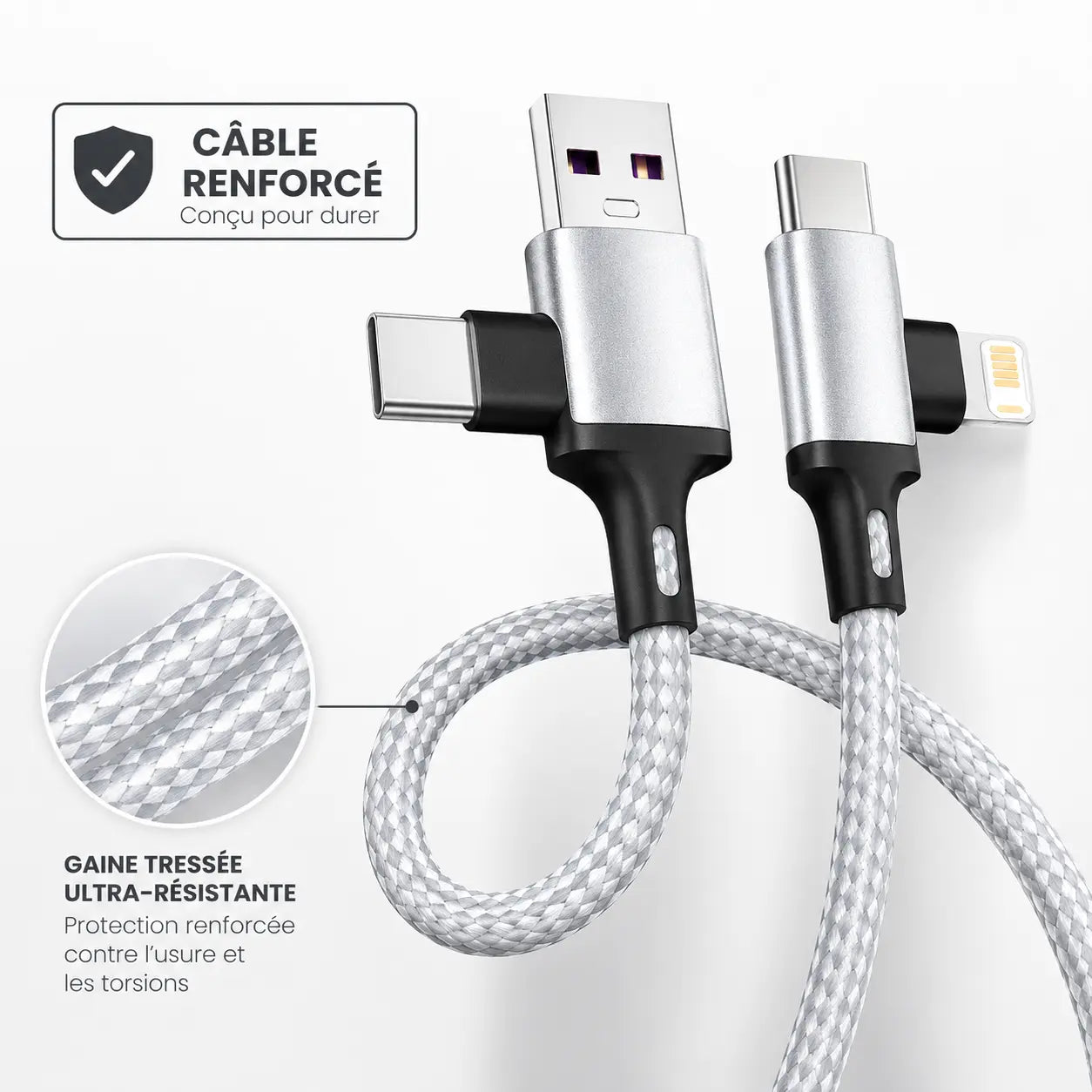 Câble de charge 4-en-1 USB/USB-C vers USB-C/Lightning
