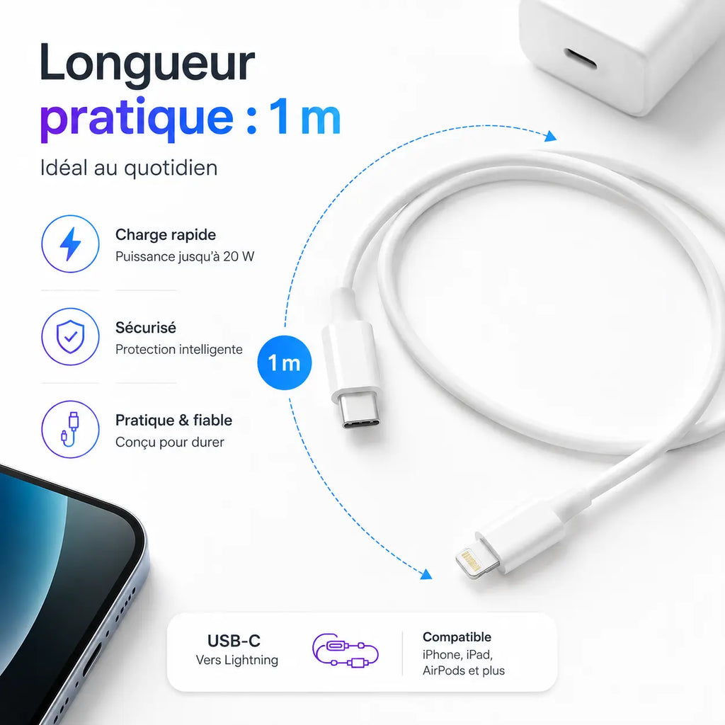 Câble de charge rapide USB-C vers Lightning