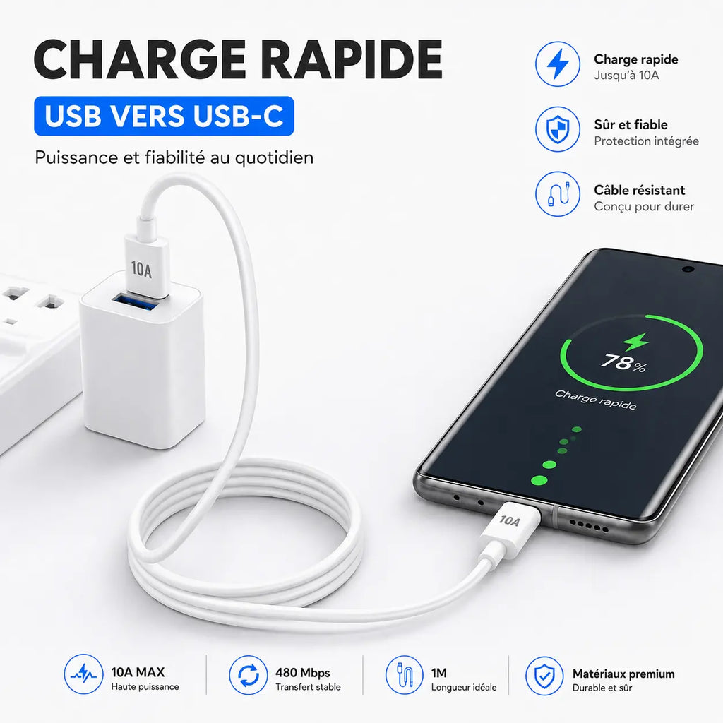 Câble de charge rapide USB vers USB-C